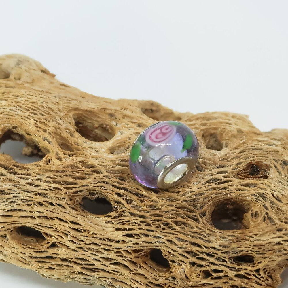 Purple Floral European Glass Charm Bead with Silver Core Center